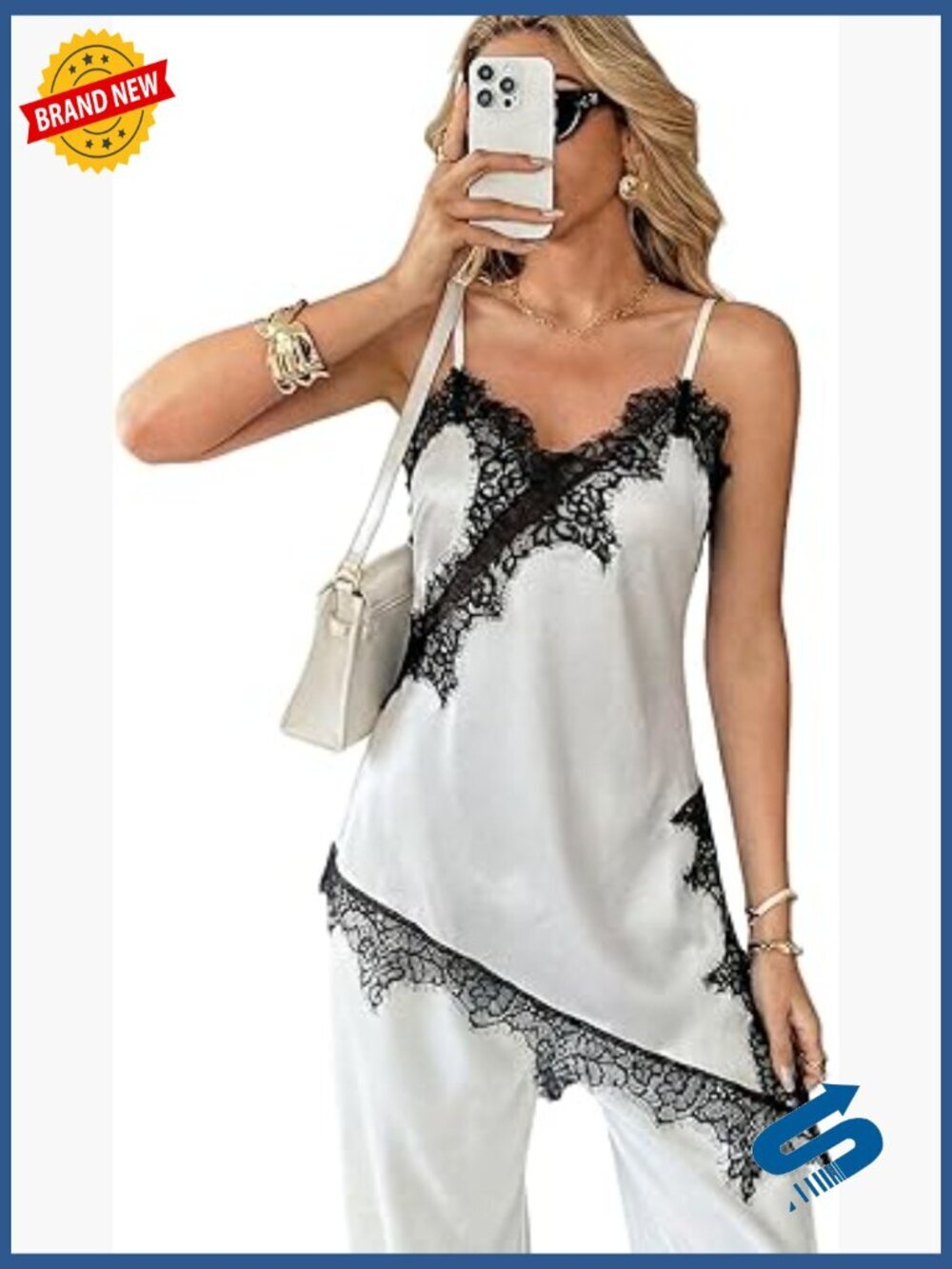 Satin Camisole Top Lace Trim V Neck Spaghetti Strap Asymmetrical Hem Tank Top